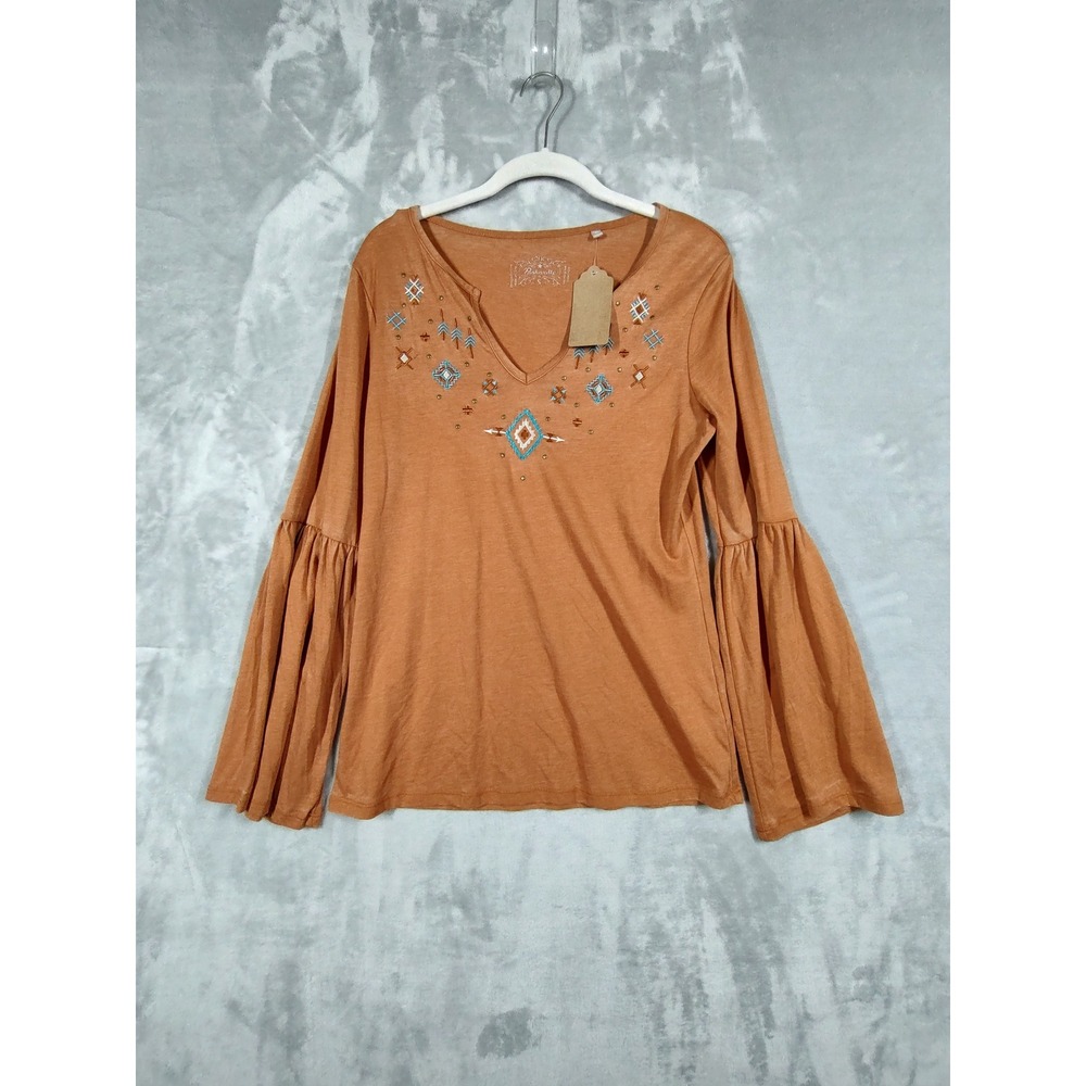 Panhandle Slim Womens Burnt Orange Embroidered Bell Sleeve V-Neck Top Small NWT
